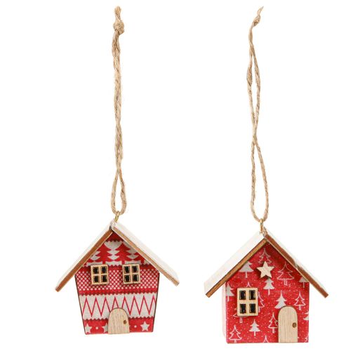Kersthuisjes om op te hangen papier hout rood 5,5cm 6 stuks