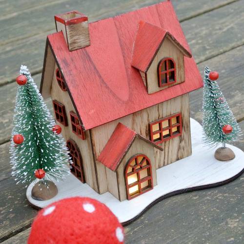 Artikel Kersthuis met LED verlichting naturel, rood hout 20×15×15cm