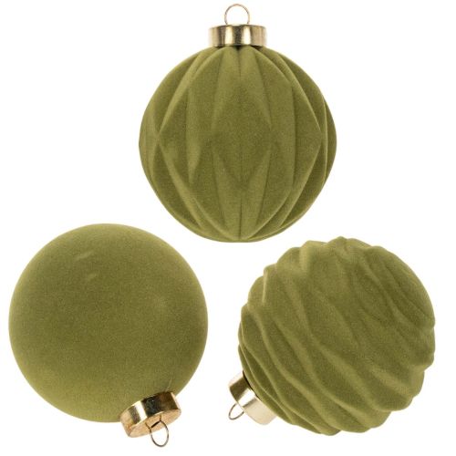 Kerstbal, fluweelachtig, groen, getextureerde mix, 8 cm, 12 stuks. Kerstbal, gevlokt mosgroen, plastic kerstballen, gevlokt mosgroen. Katoenen koordjes bij elke kerstbal. kopen | Floristik24.nl