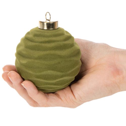 Kerstbal, fluweelachtig, groen, getextureerde mix, 8 cm, 12 stuks. Kerstbal, gevlokt mosgroen, plastic kerstballen, gevlokt mosgroen. Katoenen koordjes bij elke kerstbal. | Floristik24.nl