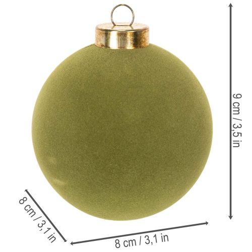 Kerstbal, fluweelachtig, groen, getextureerde mix, 8 cm, 12 stuks. Kerstbal, gevlokt mosgroen, plastic kerstballen, gevlokt mosgroen. Katoenen koordjes bij elke kerstbal. | Floristik24.nl