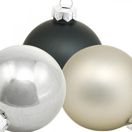 Artikel Mini kerstballen, boomdecoratiemix, adventsdecoratie zwart/zilver/parelmoer H4,5cm Ø4cm echt glas 24 st