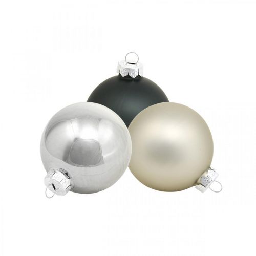Mini kerstballen, boomdecoratiemix, adventsdecoratie zwart/zilver/parelmoer H4,5cm Ø4cm echt glas 24 st