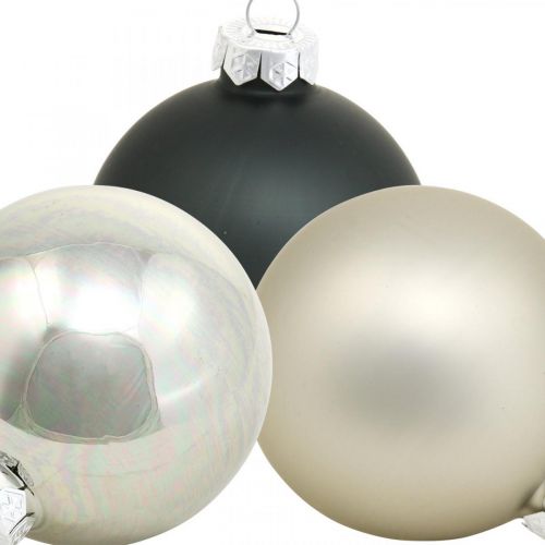 Artikel Kerstballen, kerstboomhangers, boomversieringen zwart / zilver / parelmoer H6.5cm Ø6cm echt glas 24st