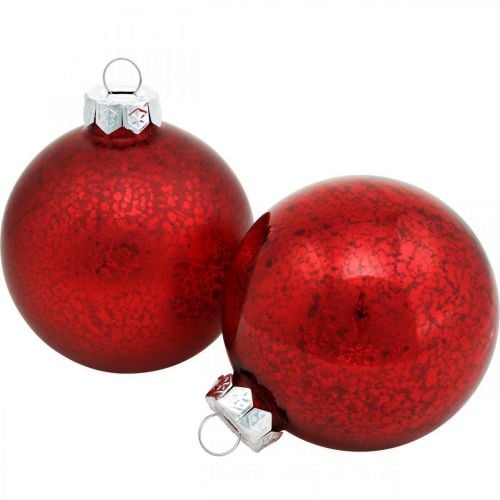 Kerstboomversieringen, boomhangers, kerstballen rood gemarmerd H8.5cm Ø7.5cm echt glas 14st