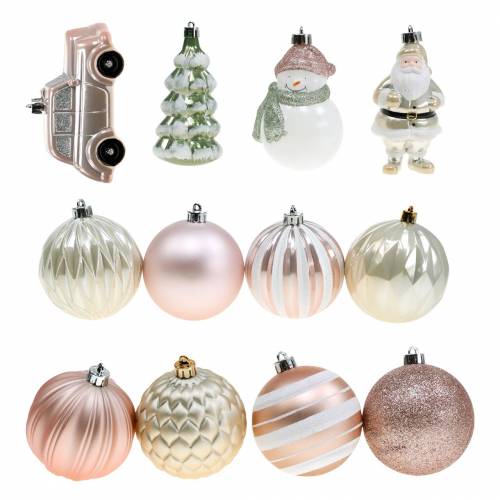 Floristik24 Kerstboomversiering in een set oudroze, wit, groen plastic 25st