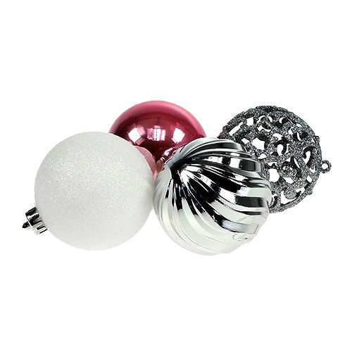 Floristik24 Kerstballen kunststof roze-zilver assorti Ø8cm 8st