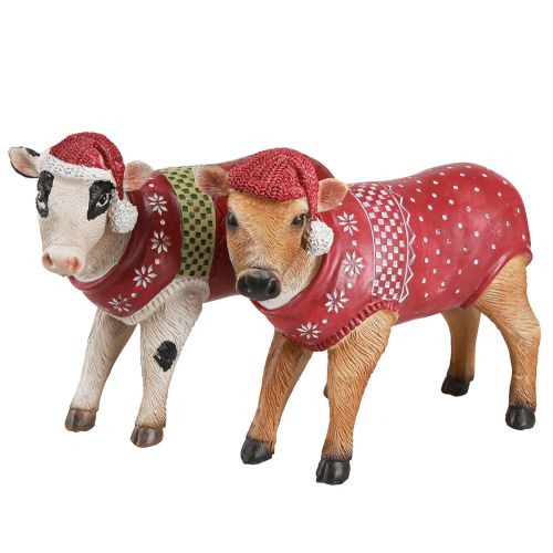 Artikel Kerstkoedecoratie koe met muts wit bruin L15,5cm 2 stuks