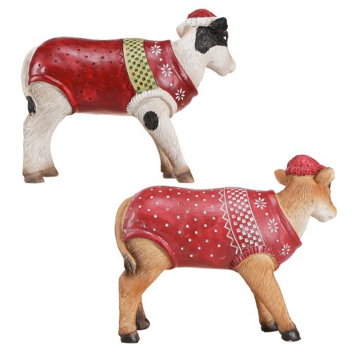 Artikel Kerstkoedecoratie koe met muts wit bruin L15,5cm 2 stuks