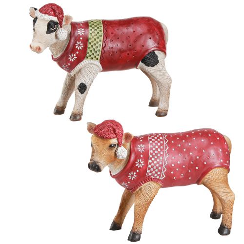 Artikel Kerstkoedecoratie koe met muts wit bruin L15,5cm 2 stuks
