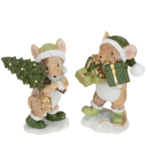 Kerstmuizen decoratie muis groen bruin H8cm 2 stuks