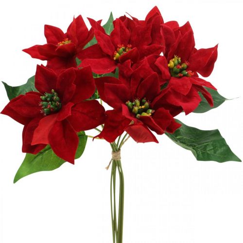 Artikel Kunstkerstster rode zijden bloemen decoratie 6 stuks in een bos