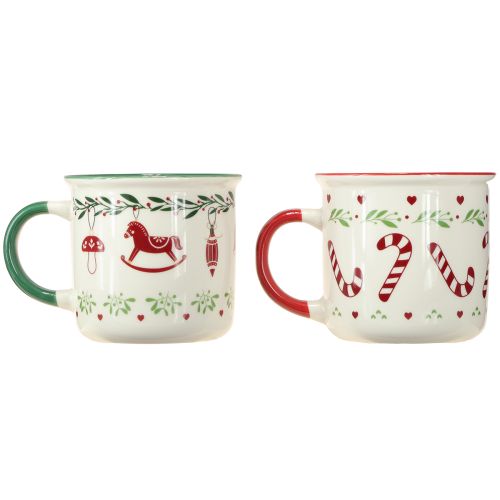 Artikel Kerstmok keramiek rood groen crème H9cm 2 stuks