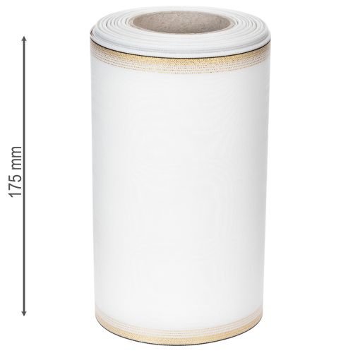 Artikel Wit moiré kranslint met gouden parelrand, 175 mm - Elegant lint voor decoratie en bloemschikken.