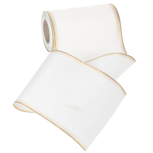 Artikel Wit moiré kranslint met gouden parelrand, 175 mm - Elegant lint voor decoratie en bloemschikken.