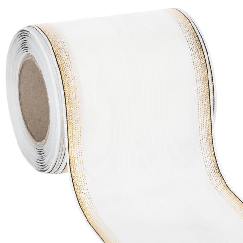 Wit moiré kranslint met parelrand en taftafwerking, decoratief lint, rouwlint, breedte 100 mm, lengte 25 m