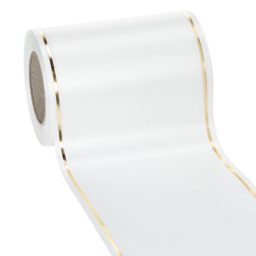 Floristik24 Wit kranslint met gouden rand, geschikt voor computerbedrukking, satijnen lint, waterdicht, 25 m x 125 mm