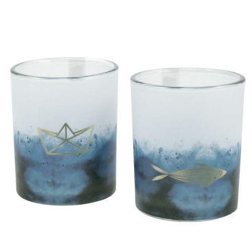 Lantaarns blauw en wit met boot en vis Ø6cm