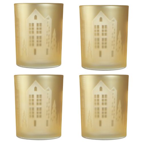 Artikel Lantaarn glas zilver goud stadssilhouet H12,5cm 4 st