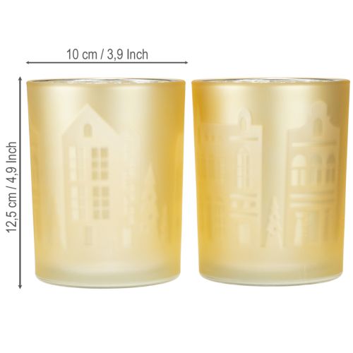 Artikel Lantaarn glas zilver goud stadssilhouet H12,5cm 4 stuks