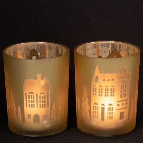 Artikel Lantaarn glas zilver goud stadssilhouet H12,5cm 4 stuks