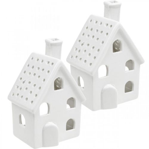 Windlicht huis keramiek licht huis Advent wit H14cm 2st