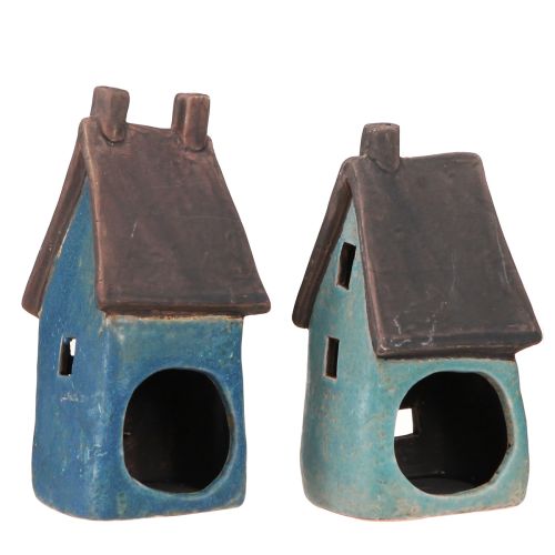 Floristik24 Lantaarnhuis keramiek huis blauw bruin H15,5/17,5cm 2 st