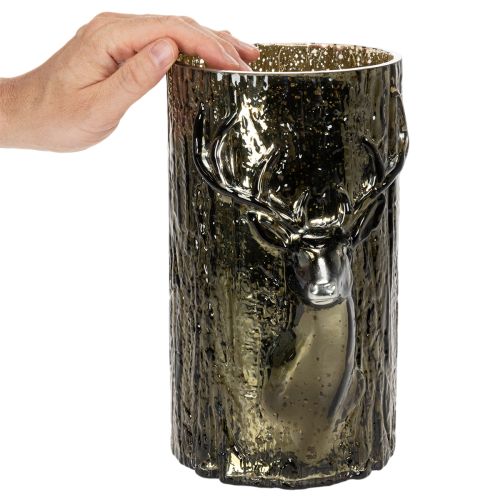 Glazen theelichthouder met reliëf van een hertenkop en bomen, winterdecoratie, 26 cm | Floristik24.nl