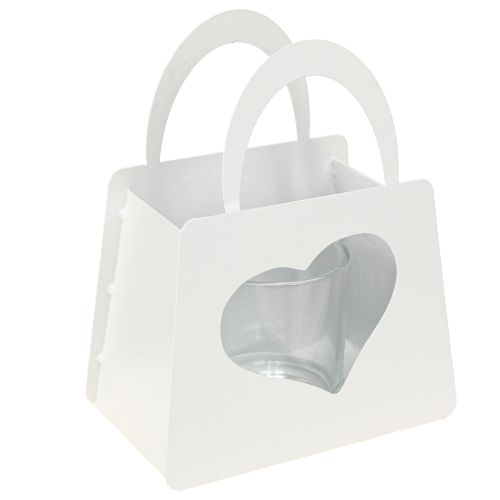 Floristik24 Lantaarn metalen sierzakje met hart wit H18cm 2st