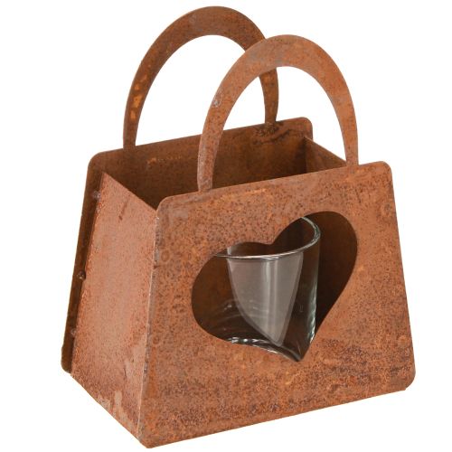 Lantaarn metalen tas roest met glazen inzetstuk H15cm 2 stuks