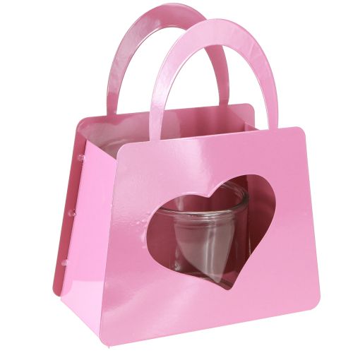 Lantaarn metalen tas met glazen inzetstuk roze hart H26cm