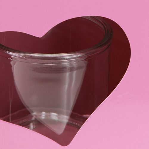Artikel Lantaarn metalen tas met glazen inzetstuk roze hart H26cm