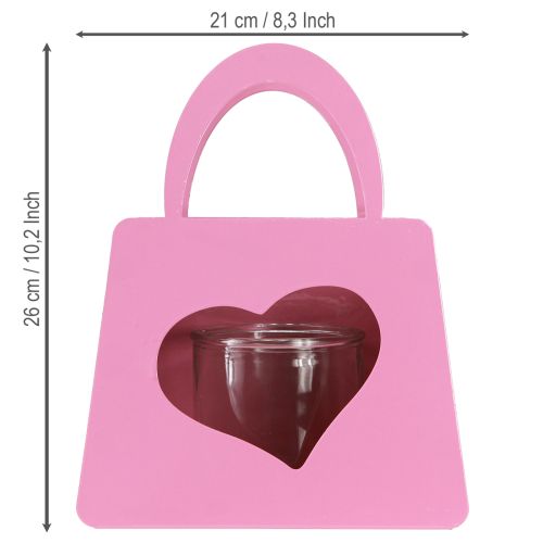 Artikel Lantaarn metalen tas met glazen inzetstuk roze hart H26cm