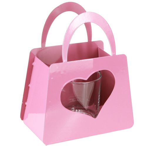 Lantaarn metaal met glazen inzetstuk roze H18cm 2 stuks
