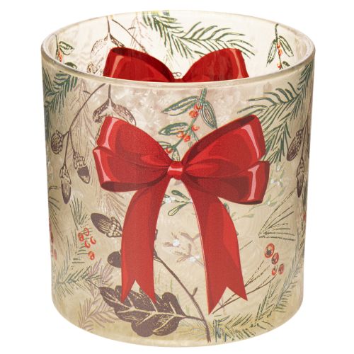 Glazen votiefkaarsenhouder met rood lint en wintertakken, 15 cm