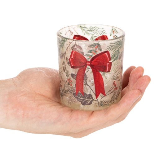 Glazen votiefkaarsenhouder met kersttakjes en rood lint, 8 cm, 2 stuks | Floristik24.nl