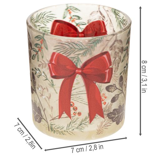 Glazen votiefkaarsenhouder met kersttakjes en rood lint, 8 cm, 2 stuks | Floristik24.nl