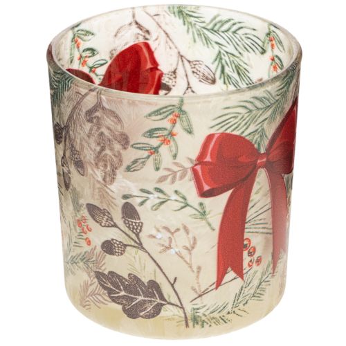 Glazen votiefkaarsenhouder met kersttakjes en rood lint, 8 cm, 2 stuks | Floristik24.nl