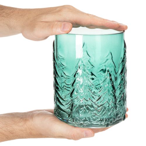 Glazen votiefkaarsenhouder met reliëf van dennenbomen, kerstdecoratie, 16 cm | Floristik24.nl