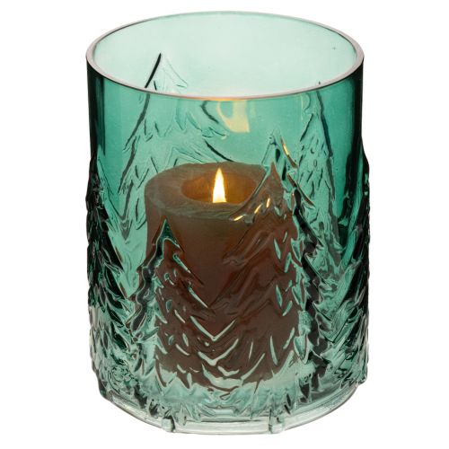 Glazen votiefkaarsenhouder met reliëf van dennenbomen, kerstdecoratie, 16 cm | Floristik24.nl