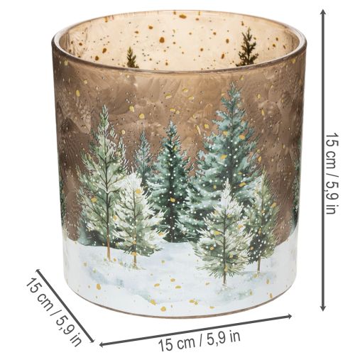 Glazen theelichthouder met dennenbosmotief, winterdecoratie, 15 cm | Floristik24.nl