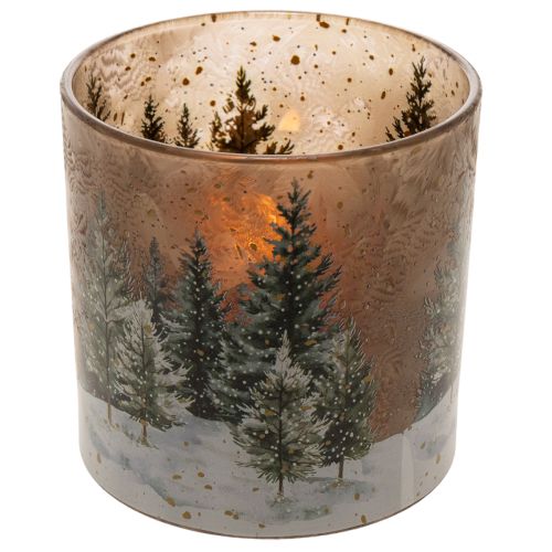 Glazen theelichthouder met dennenbosmotief, winterdecoratie, 15 cm | Floristik24.nl