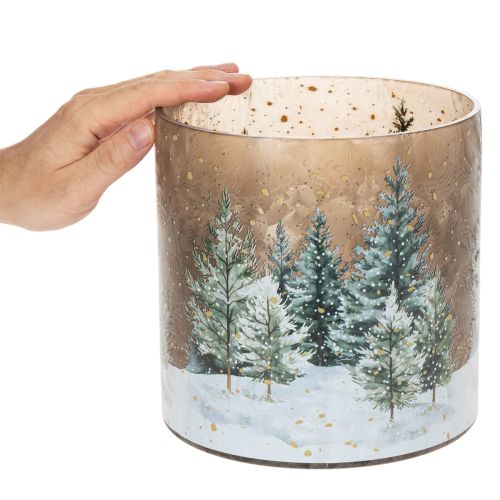 Glazen theelichthouder met winterbos in de sneeuw, kerstdecoratie, 20 cm | Floristik24.nl