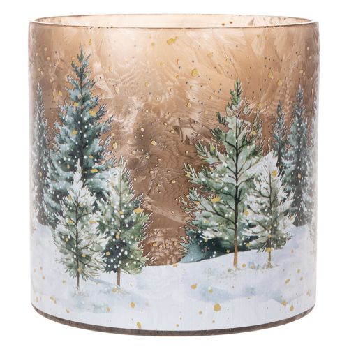Glazen theelichthouder met winterbos in de sneeuw, kerstdecoratie, 20 cm | Floristik24.nl
