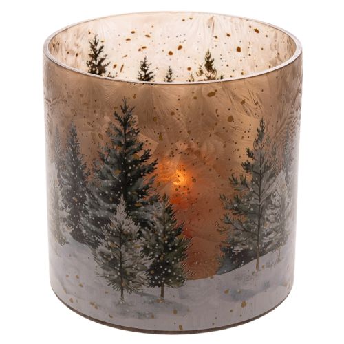 Glazen theelichthouder met winterbos in de sneeuw, kerstdecoratie, 20 cm | Floristik24.nl