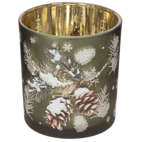 Glazen theelichthouder met takje winterdennenhout, 8 cm, 2 stuks