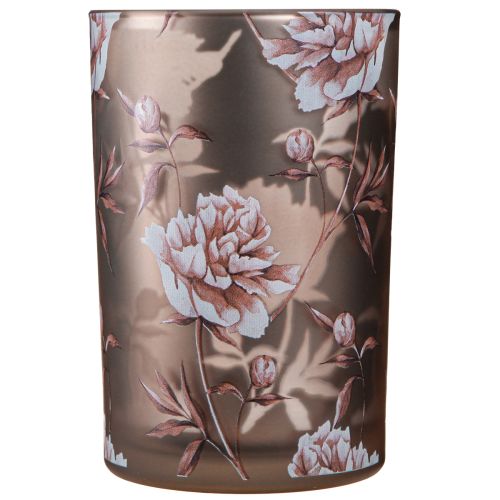 Artikel Glazen lantaarn bruin zilver roze anjers H18cm
