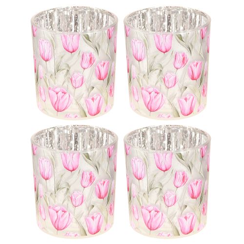 Artikel Decoratieve glazen lantaarn met tulpmotief voor een lenteachtige sfeer in huis, 8 cm, 4 stuks.