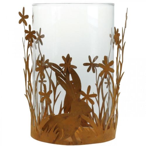Artikel Lantaarn met konijnen, lentedecoratie, metalen decoratie met bloemen, paaspatina Ø11.5cm H18cm