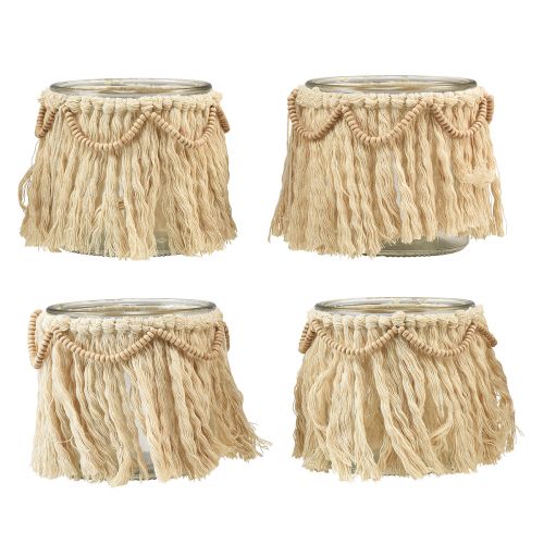Floristik24 Lantaarn Glas Franjes Macrame Crème Boho Ø9,5cm 4st